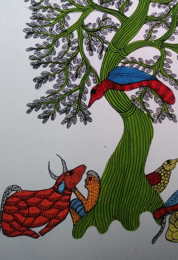 Herdsman And His Cattle Gond Art